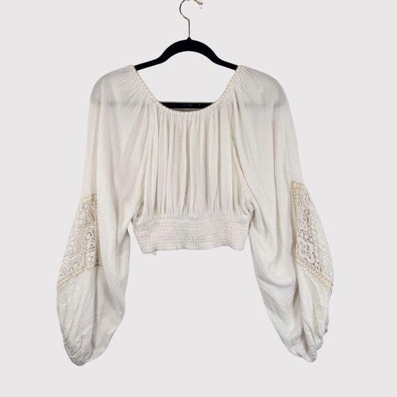 Free People Womens Top White Southwest Lace V Neck Cropped Blouse Boho Medium - Picture 3 of 10